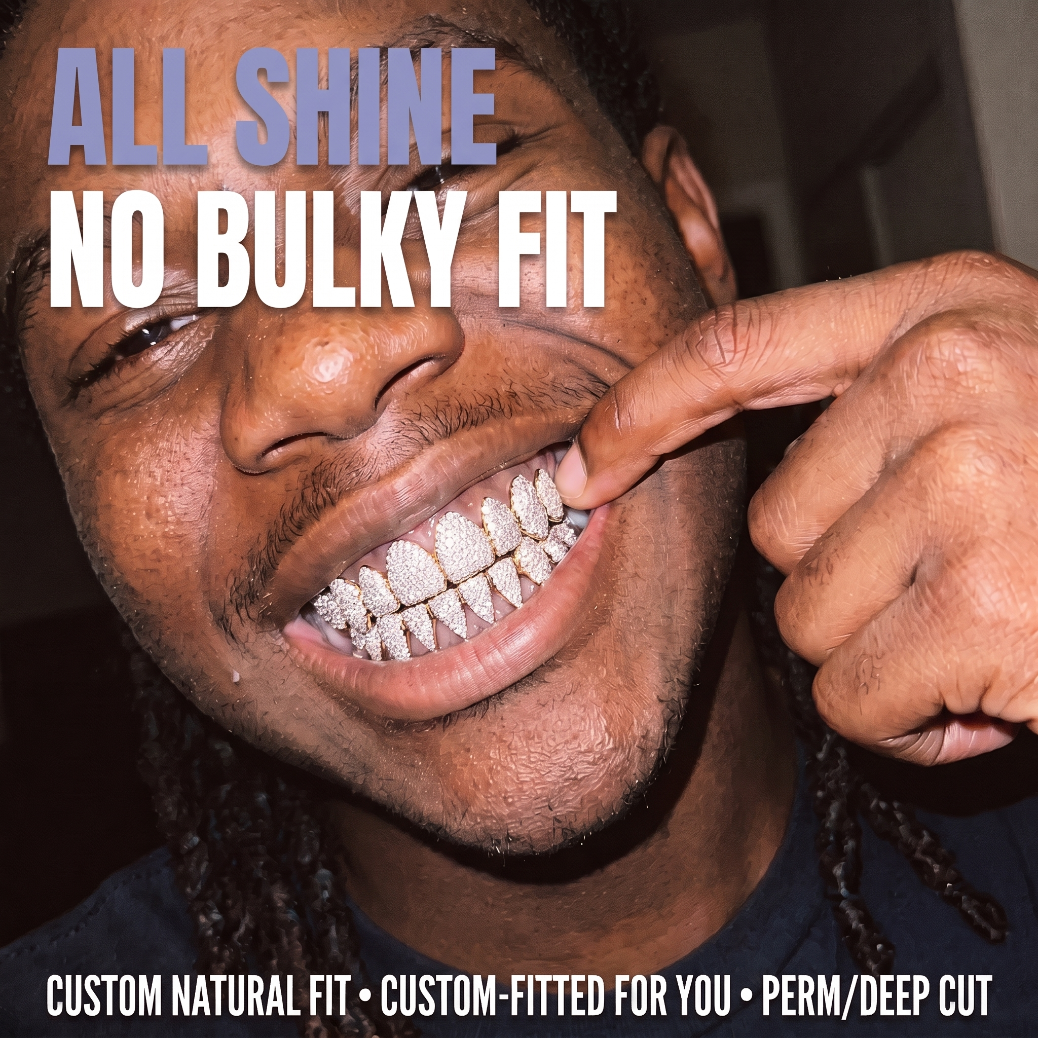 All shine, no bulky fit – custom-fitted natural diamond grillz with a natural perm/deep cut look