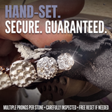 Hand-set and secure, guaranteed – multiple prongs per stone, free reset if a stone ever falls out