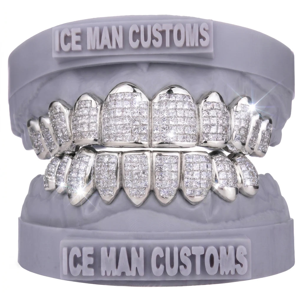 Gold Colour: White – Natural Diamond Invisible Set Grill in white gold / silver, IceMan Customs